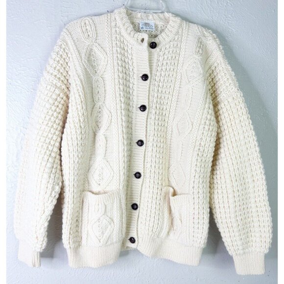 Bonner Large Irish Wool Sweater Chunky Cable Knit Fisherman Cardigan Cream New - Picture 2 of 10